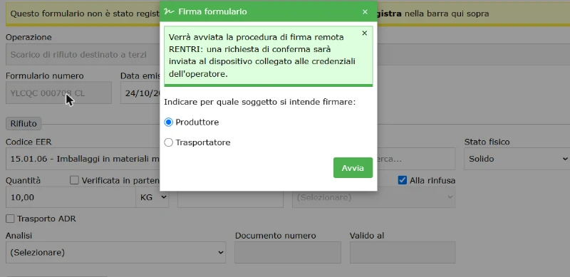 Ecomatico: firma del formulario digitale come produttore o trasportatore