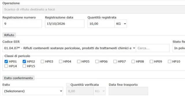 Ecomatico: scheda di una registrazione con codice EER, classi di pericolo ed esito del conferimento